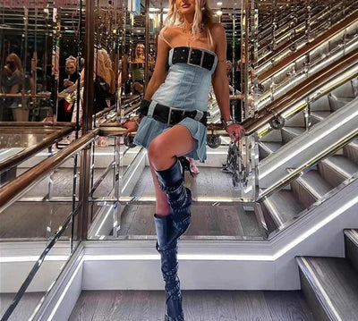 Retro Denim Mini Dress Sexy Pleated Skirt with Belt Thumbnail 4