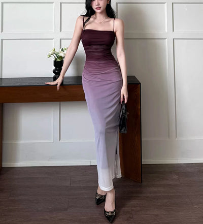 Stunning Purple Gradient Mesh Summer Sling Dress Sexy Bodycon Fit
