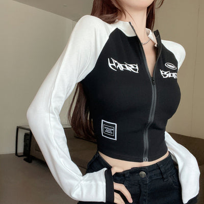 High Collar Zipper Crop Jacket Retro Style Tight Fit Long Sleeve Top Thumbnail 7
