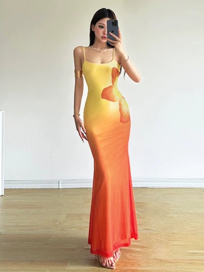 Sunset Orange Gradient Floral Design summer Slip Dress Women Thumbnail 2