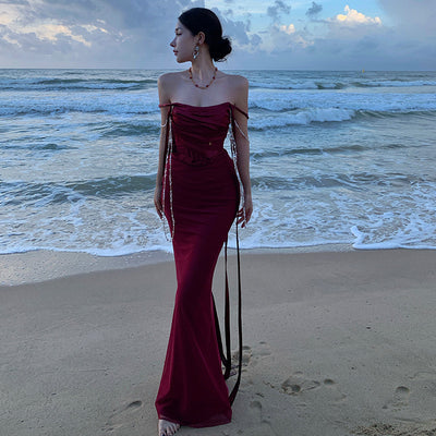 French Style Tube Top Fishbone Waist Slimming Burgundy Vacation Dress Thumbnail 5