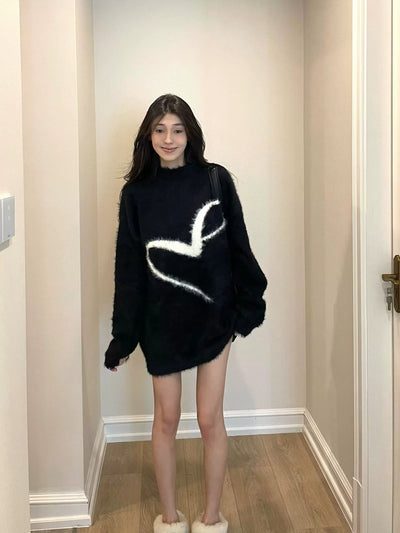 Knitted Demi-Season Black Sweater with Round Collar Oversized Fit Thumbnail 2