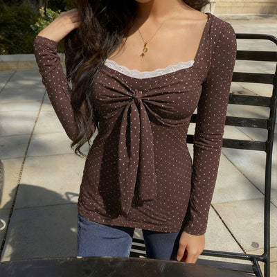 Retro Floral Lace Long Sleeve Square Neck Top Slim Fit Chic Style Thumbnail 3