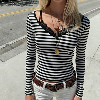 Striped Long Sleeve Slim Fit Top with Lace Patchwork Stylish Fashion for Women Thumbnail 4