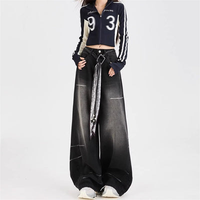 Dark Grey Wide Leg Denim Jeans Loose Straight Fit Casual Streetwear Style Thumbnail 6