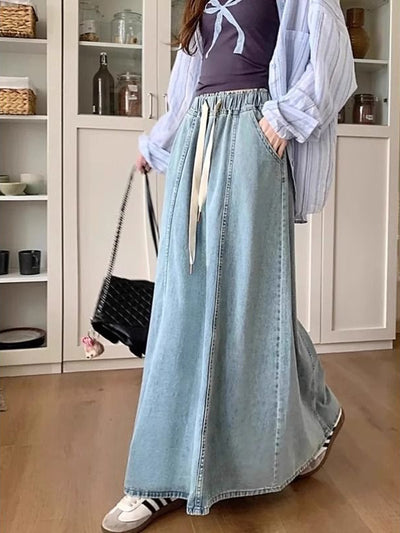 Retro A-Line Long Denim Skirt with Elastic Waist and Pockets Thumbnail 4