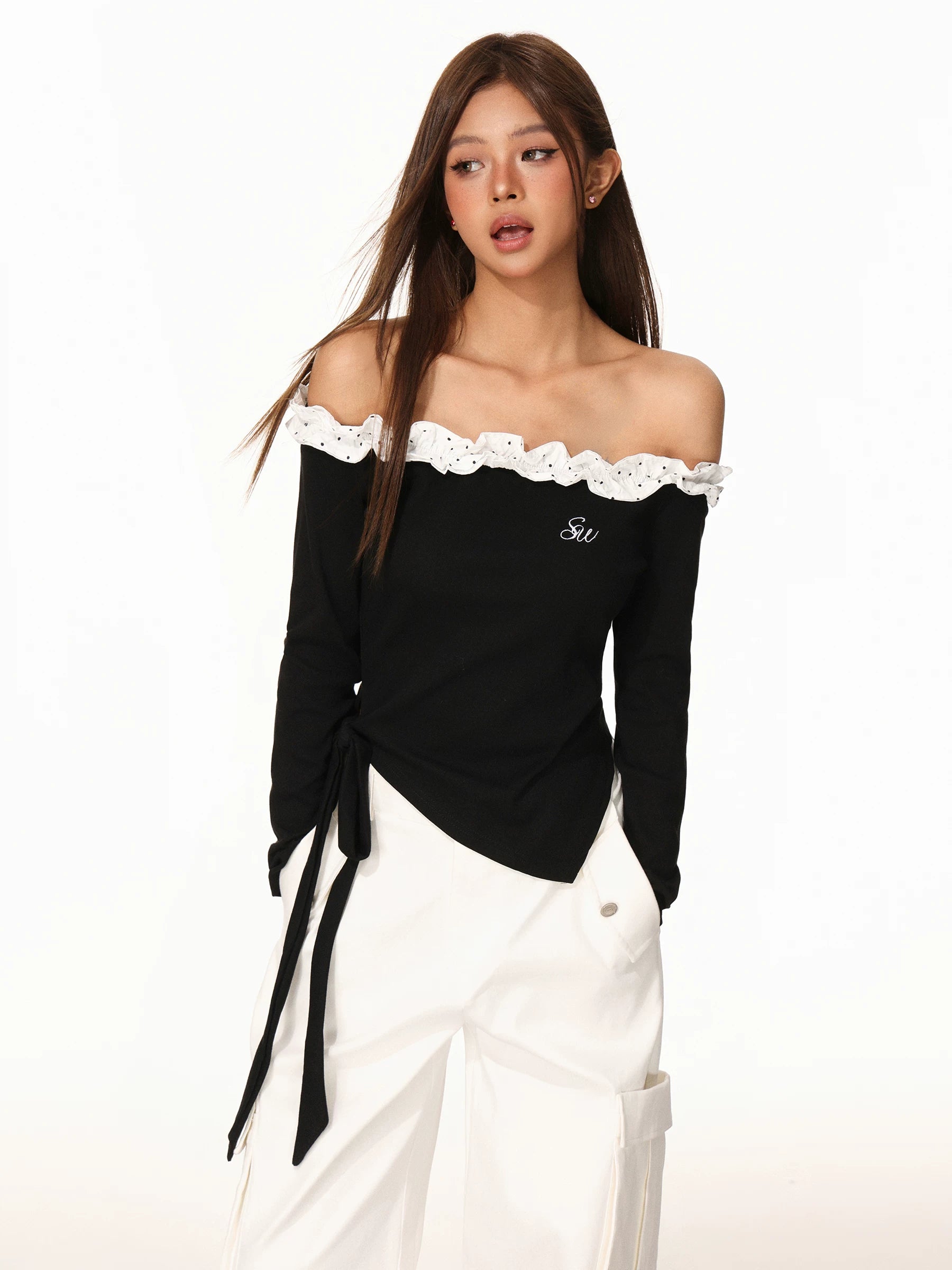 Women Off Shoulder Long Sleeve Crop T-Shirt Slim Fit Sexy Cut Out Shoulder Top Wave Dot Print Autumn Casual Streetwear Tee