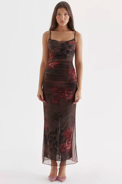 French Retro Mesh Floral Print Slim Fit Long Slip Dress Thumbnail 5