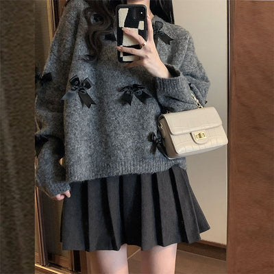 Chic Korean Bow Long-Sleeve Knitted Sweater - Versatile Demi-Season Leisure Top