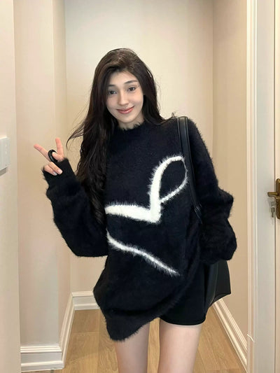 Knitted Demi-Season Black Sweater with Round Collar Oversized Fit Thumbnail 6