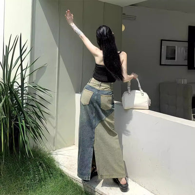 High Waist A Line Denim Skirt Mid Length Retro Casual Fashion for Women Thumbnail 2