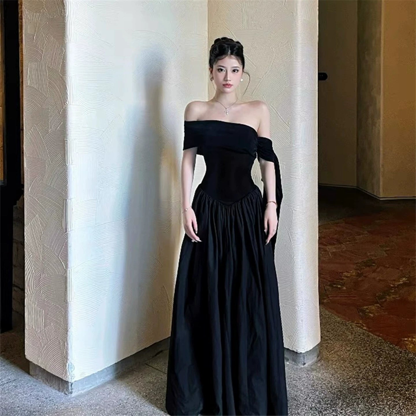 French Style Off Shoulder High Waist Slimming A-Line Maxi Dress