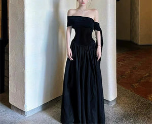 French Style Off Shoulder High Waist Slimming A-Line Maxi Dress