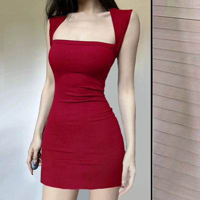 Sexy Square Neck Silk Wool Blend Hip-Hugging Summer Mini Dress