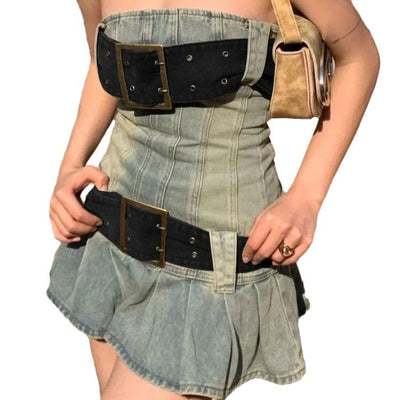 Retro Denim Mini Dress Sexy Pleated Skirt with Belt Thumbnail 5