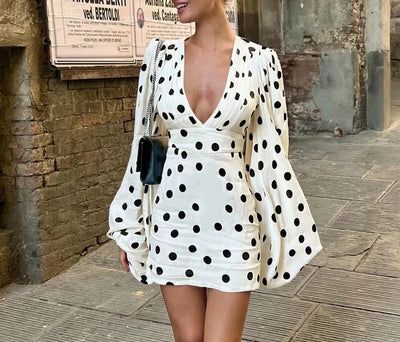 French Style Polka Dot V-Neck Horn Sleeve Slim Mini Dress