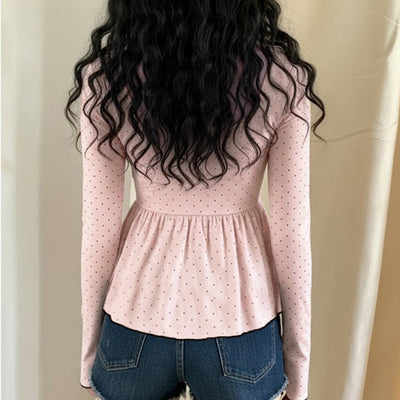 Vintage Dot Pattern Smock Style Shirt Square Collar Long Sleeve Fashion Top Thumbnail 4