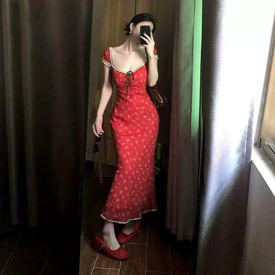 Red Floral Print Maxi Dress Women Square Neck Sleeveless High Waist A-Line Long Dress French Vintage Style Slim Fit Elegant Sexy Summer Wear Thumbnail 3