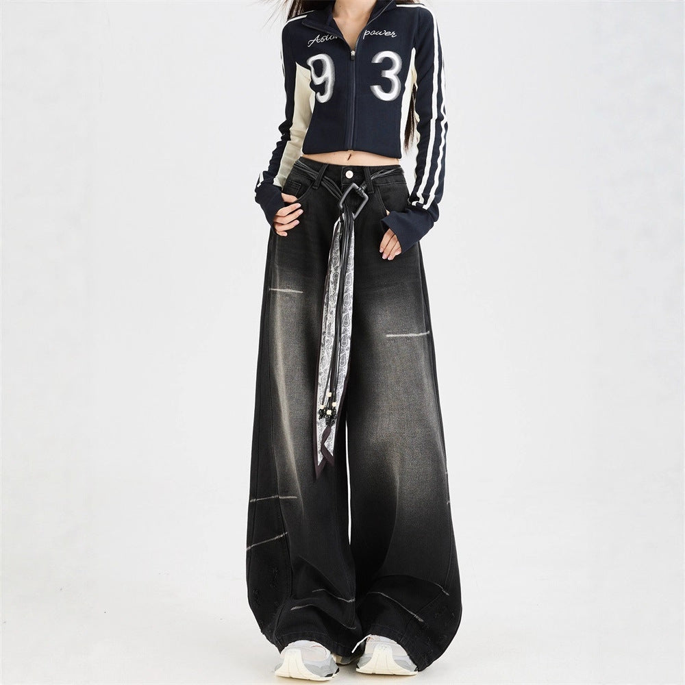 Dark Grey Wide Leg Denim Jeans Loose Straight Fit Casual Streetwear Style