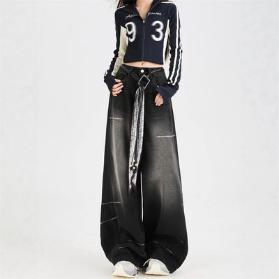 Trendy Dark Grey Wide-Leg Denim Jeans for Teenagers, Loose Straight Fit, Winter Fashion