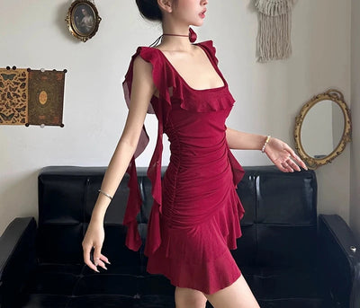 Red Ruffled Mesh Pleated Slip Dress with Streamers Thumbnail 5