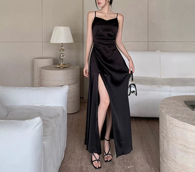 Instunning Elegant Backless High Waist Split Hem Black Slip Dress
