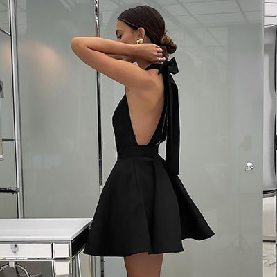 French Style Sexy Backless High Waist Black A-Line Summer Dress Thumbnail 6