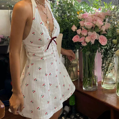 French Style Cherry Print V-Neck Halter A-Line Backless Dress Thumbnail 3