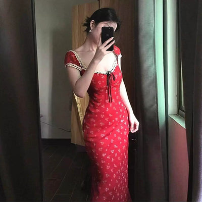 Red Floral Print Maxi Dress Women Square Neck Sleeveless High Waist A-Line Long Dress French Vintage Style Slim Fit Elegant Sexy Summer Wear Thumbnail 4