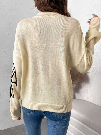 Apricot Floral Acrylic High-Collar Pullover Sweater for Women Thumbnail 4
