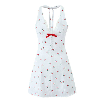 French Style Cherry Print V-Neck Halter A-Line Backless Dress Thumbnail 5