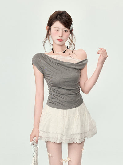 Elegant Women's Off-Shoulder Lace T-Shirt, Summer Side Shoulder Swinging Collar Top