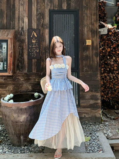 French Slimming Blue Plaid Camisole and Mesh Asymmetric Skirt Set Thumbnail 2