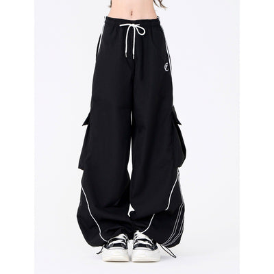 Trendy Loose Fit Black Hip-Hop Drawstring Cargo Pants for Spring Leisure