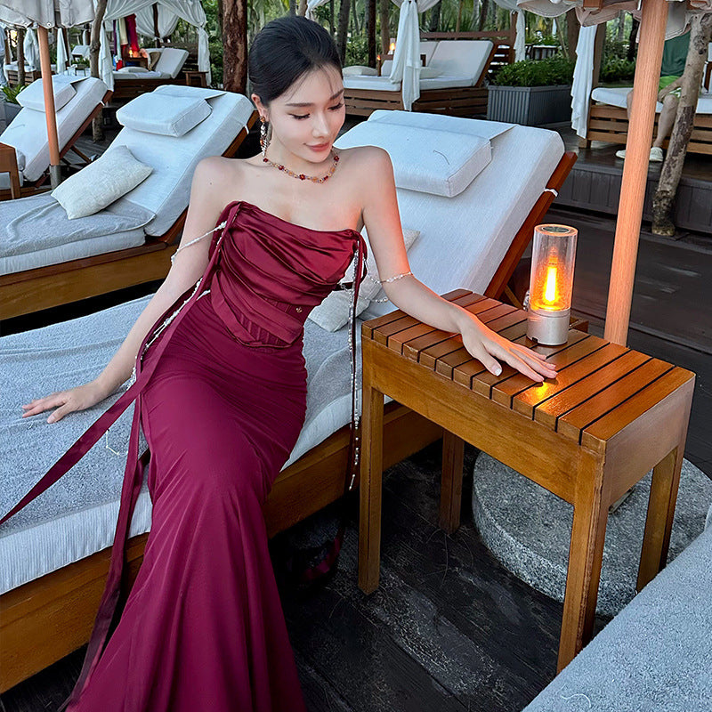 French Style Tube Top Fishbone Waist Slimming Burgundy Vacation Dress