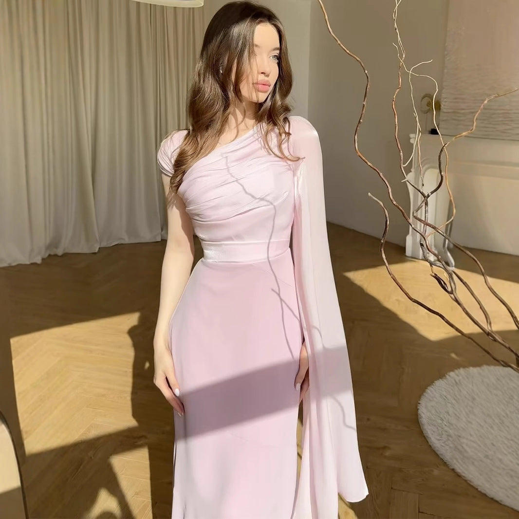 Elegant One Shoulder Long Sleeve Silky Fishtail Maxi Dress