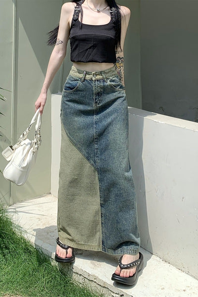 High Waist A Line Denim Skirt Mid Length Retro Casual Fashion for Women Thumbnail 5