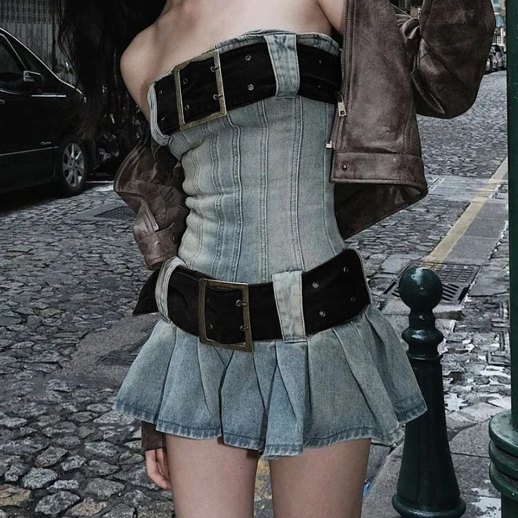 Retro Denim Mini Dress Sexy Pleated Skirt with Belt