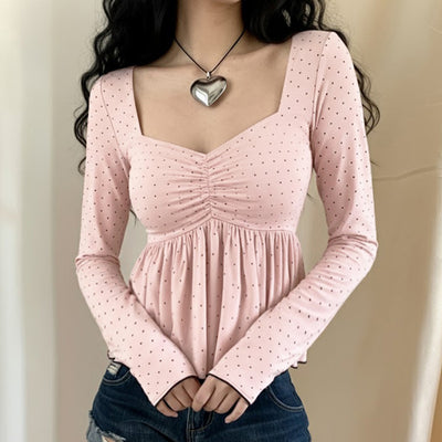 Vintage Dot Pattern Smock Style Shirt Square Collar Long Sleeve Fashion Top Thumbnail 3