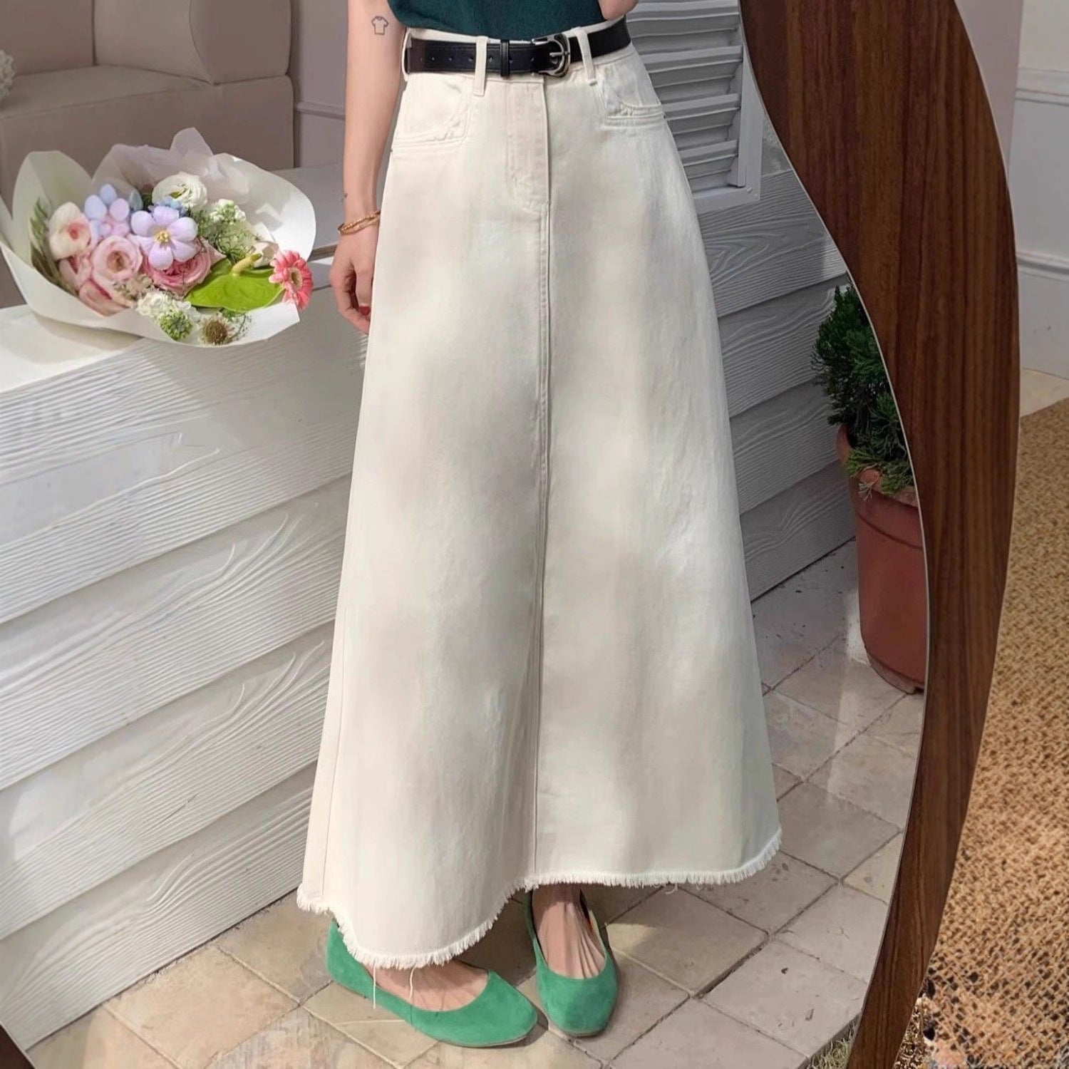 White Autumn High Waist Mid-Length Denim A-Line Fish Tail Skirt