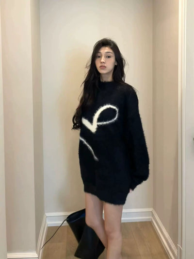 Knitted Demi-Season Black Sweater with Round Collar Oversized Fit Thumbnail 4
