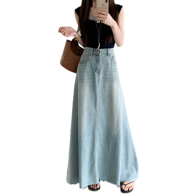 Retro Spring Long Denim Skirt American Style Plus Size A-Line Hip Accent Thumbnail 5