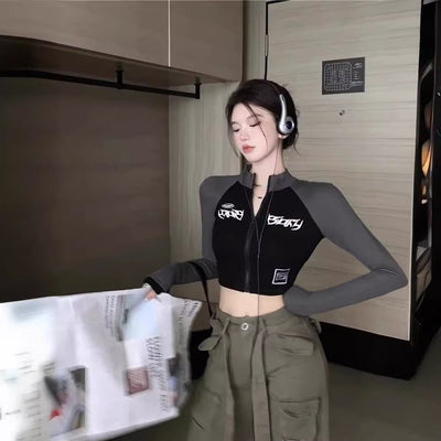 High Collar Zipper Crop Jacket Retro Style Tight Fit Long Sleeve Top Thumbnail 5