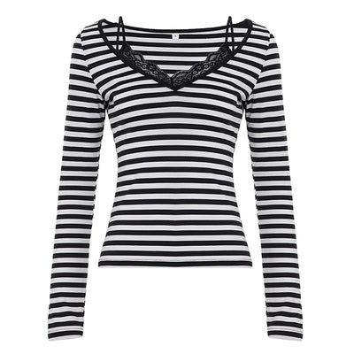 Striped Long Sleeve Slim Fit Top with Lace Patchwork Stylish Fashion for Women Thumbnail 7
