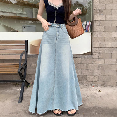 Retro Spring Long Denim Skirt American Style Plus Size A-Line Hip Accent Thumbnail 1