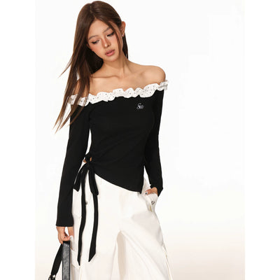 Women Off Shoulder Long Sleeve Crop T-Shirt Slim Fit Sexy Cut Out Shoulder Top Wave Dot Print Autumn Casual Streetwear Tee Thumbnail 2