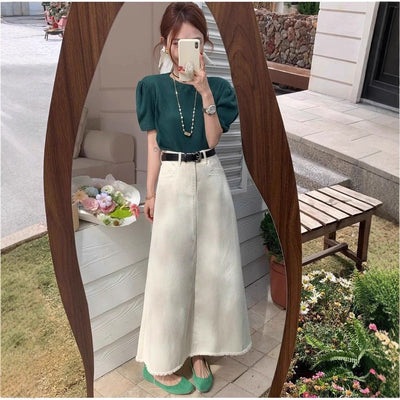 White Autumn High Waist Mid-Length Denim A-Line Fish Tail Skirt Thumbnail 2