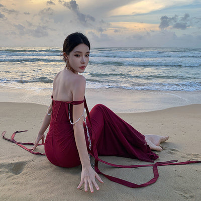 French Style Tube Top Fishbone Waist Slimming Burgundy Vacation Dress Thumbnail 4