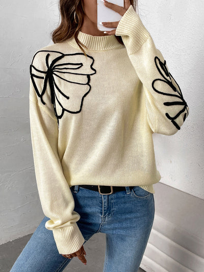 Apricot Floral Acrylic High-Collar Pullover Sweater for Women Thumbnail 3