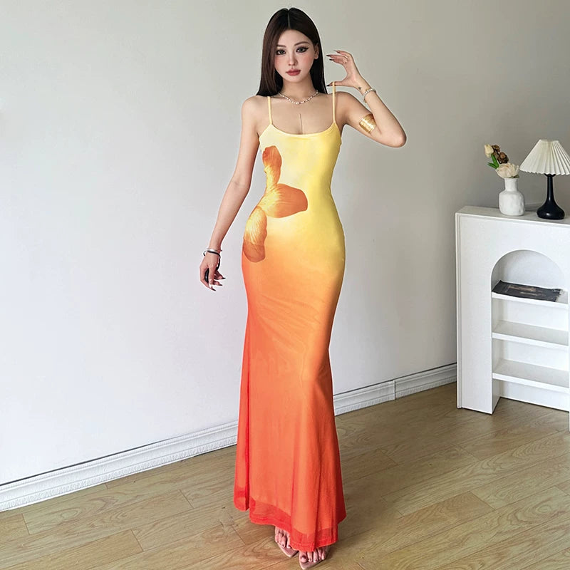 Sunset Orange Gradient Floral Design summer Slip Dress Women